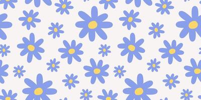 Back-25Groovy flowers seamless pattern. Naive hand drawn blue daisy on beige background vector