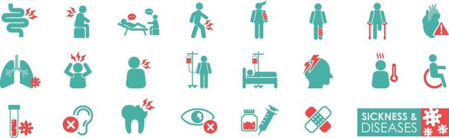 Sickness icon set solid icon collection Containing Heart Attack, disease, fever, patient, sick, illness, Headache, infection, symptom, injury, pain, and more. vector