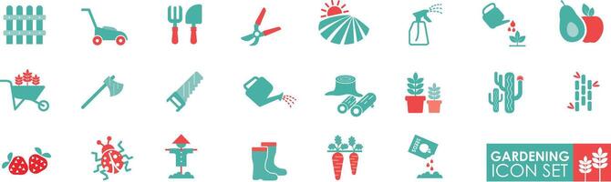 Gardening icon set solid icon collection. Containing plants, watering cans, carrots, flowers, trees, fences, cultivate and bug vector