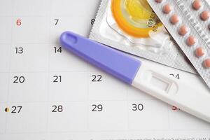 Pregnancy test with birth control pills and condom for female on calendar, ovulation day. photo