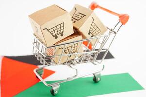 Online shopping, Shopping cart box on Palestine flag, import export, finance commerce. photo