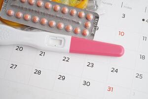 Pregnancy test with birth control pills and condom for female on calendar, ovulation day. photo