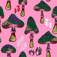 mushrooms on pink background with leaves and flowers vector