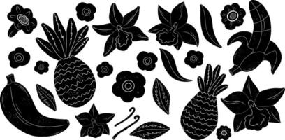 un negro y blanco imagen de varios tropical frutas vector