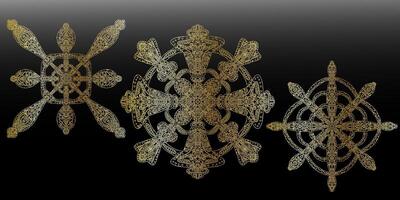 three gold and silver snowflakes on a black background vector