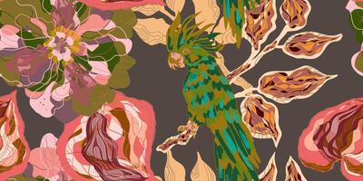 a pattern with colorful birds and flowers vector