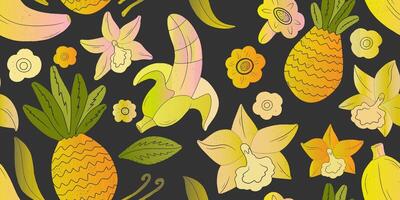 a pattern with bananas, flowers and leaves vector