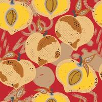 a pattern with apples and nuts on a red background vector