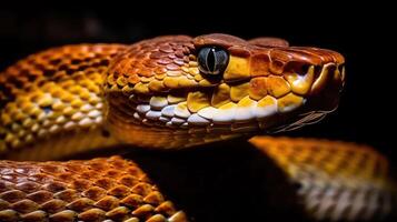 cerca arriba peligroso mortal venenoso cobra serpiente en negro antecedentes. foto