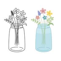 Flowers in glass vase. Flat . Colouring book vector