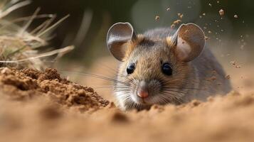 curioso ratón emergente desde madriguera en natural habitat foto