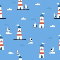 Marine seamless pattern with cartoon lighthouse, cloudy and funny birds vector