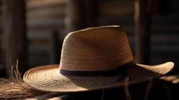 Paja vaquero sombrero descansando en un rústico de madera superficie foto