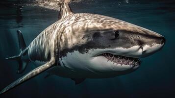 iluminado por el sol tiburón en claro azul Oceano aguas foto