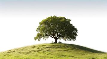 Lush Green Tree on the top of Meadow Hill on a white background as a design material. photo