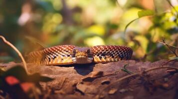 iluminado por el sol serpiente en natural hábitat, un cerca arriba de un cobra serpiente en medio de lozano verde follaje. foto