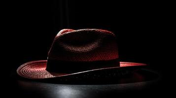 Mysterious Red Fedora Hat low light dark background. photo