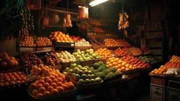un noche a el asiático Fruta tradicional mercado con varios Fruta en venta. foto