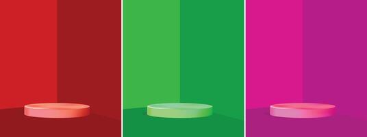 Set of white realistic 3d cylinder pedestal podium with wall red, green and Pink in semi circle backdrop. Abstract rendering geometric platform. Product display presentation. Minimal scene. vector