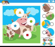 match the pieces activity with cartoon cow and calf farm animals vector