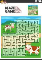 maze game with cartoon cow and calf farm animals vector