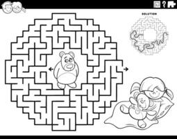maze game with cartoon little girl and teddy bear coloring page vector
