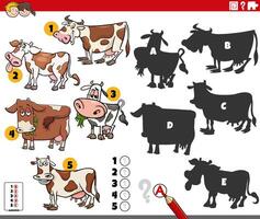 finding shadows activity with cartoon cows characters vector