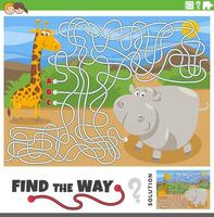 maze game with cartoon giraffe and hippopotamus animals vector