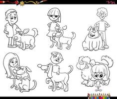 cartoon children and dogs characters set coloring page vector