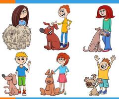 cartoon children and their dogs and puppies characters set vector