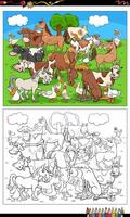 cartoon farm animal characters group coloring page vector