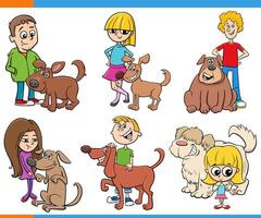 dibujos animados niños y adolescentes y su perros caracteres conjunto vector