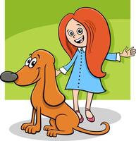 dibujos animados pequeño niña con gracioso marrón perro personaje vector