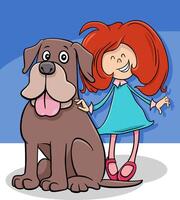 dibujos animados pequeño niña con gracioso grande perro personaje vector