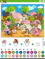 counting and adding task with cartoon farm animals vector