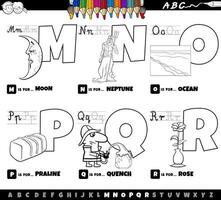 Juego de dibujos animados de letras del alfabeto educativo de m a r página para colorear vector