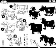 finding shadows activity with cartoon cows coloring page vector