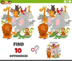 differences game with cartoon wild animals group vector