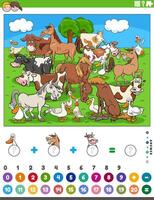 contando y agregando actividad con dibujos animados granja animales vector