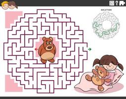 maze game with cartoon little girl and teddy bear vector