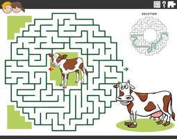 maze game with cartoon calf and cow animal characters vector