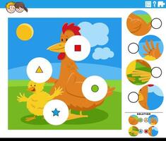 match the pieces activity with cartoon hen and chick farm animals vector