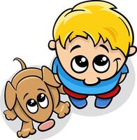 gracioso dibujos animados pequeño chico personaje con su mascota perro vector