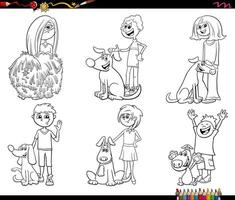 cartoon children and dogs characters set coloring page vector