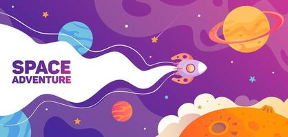 Galactic dreams. Template horizontal banner, universe. Space trip. A rocket flying among planets and stars. Space landscape, shuttle, UFO, future. For posters, postcards, design elements. vector