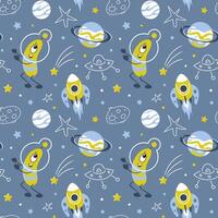 Space trip. Green alien in a spacesuit that looks like plankton or a microbe. Flying saucer, rocket and comets, meteorite and stars. Cute seamless pattern, Scandinavian style. For wallpaper, wrapping vector