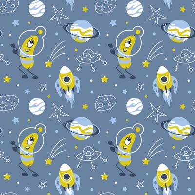 Space trip. Green alien in a spacesuit that looks like plankton or a microbe. Flying saucer, rocket and comets, meteorite and stars. Cute seamless pattern, Scandinavian style. For wallpaper, wrapping