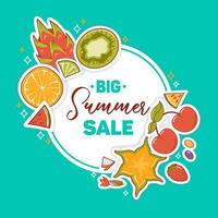 Big summer sale. Square banner in vintage, kawaii style. Tropical fruits. Healthy food. Retro design. For advertising, website, poster, flyer vector