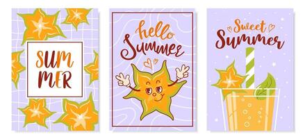 Hello summer. Set of cards, banners. Cool carambola, cute retro cartoon character. Fresh juice. Groovy, vintage. Trendy old style. 1970s Tropical exotic fruits. advertising, poster, sale flyer vector