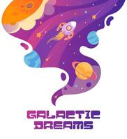 Galactic dreams. Template banner, universe. Space trip. A rocket flying among planets and stars. Space landscape, shuttle, UFO, future. For posters, postcards, design elements. vector